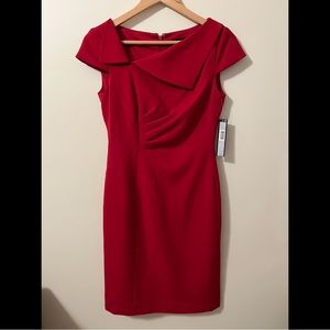 NWT Tahari Size 2 Fire Red Asymmetrical Neck Short Sleeve Sheath Dress